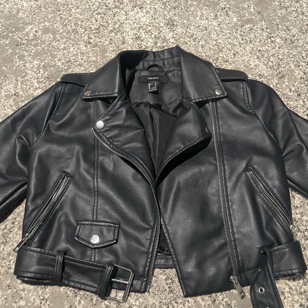 Cropped faux leather moto jacket